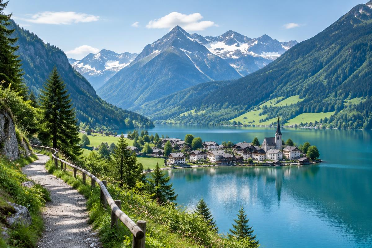 Alpiner See mit Dorf und Wanderweg
